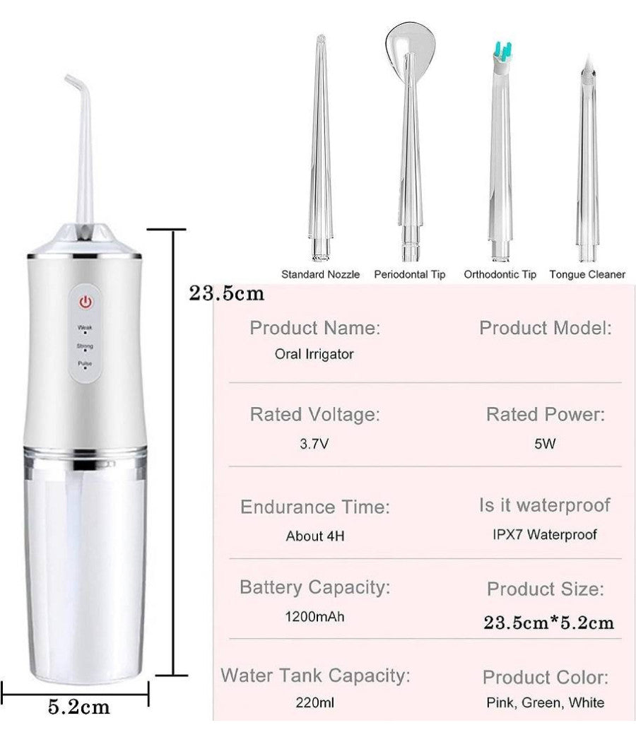 Idropulsore Dentale Portatile 3 Modalità  4 Ugelli Ricambio Ipx7 Usb Ricaricabile         