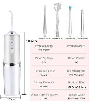 Idropulsore Dentale Portatile 3 Modalità  4 Ugelli Ricambio Ipx7 Usb Ricaricabile         