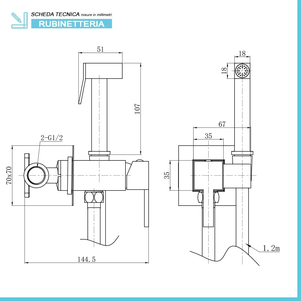 Idroscopino per wc e bidet cromo quadro con miscelatore e flex 120 cm