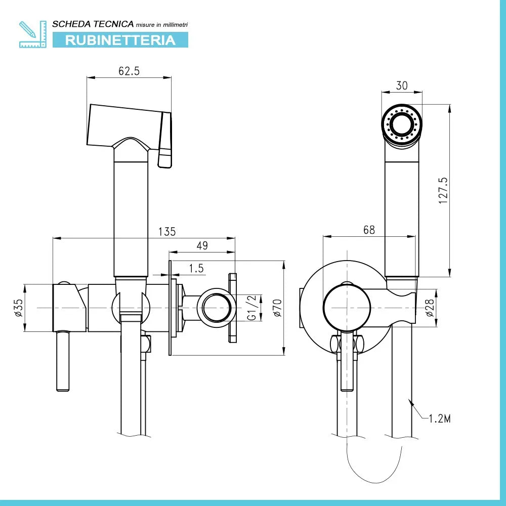 Idroscopino per wc e bidet cromo tondo con miscelatore e flex da 120 cm