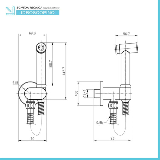 Idroscopino per wc e bidet nero opaco tondo con supporto e flessibile 90 cm