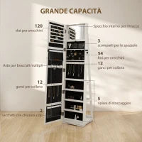 Specchio Portagioie Girevole per Camera da Letto con 2 Chiavi, in Legno Bianco e Vetro, 38x38x160 cm