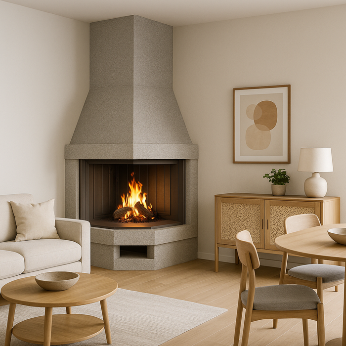 Camino a legna prefabbricato con focolare in ghisa aperto rot100tgh esagonale