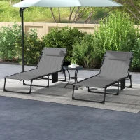 Set 2 Lettini Prendisole con Schienale Reclinabile e Tasca, in Acciaio e Poliestere, 65x188x36 cm, Grigio e Nero
