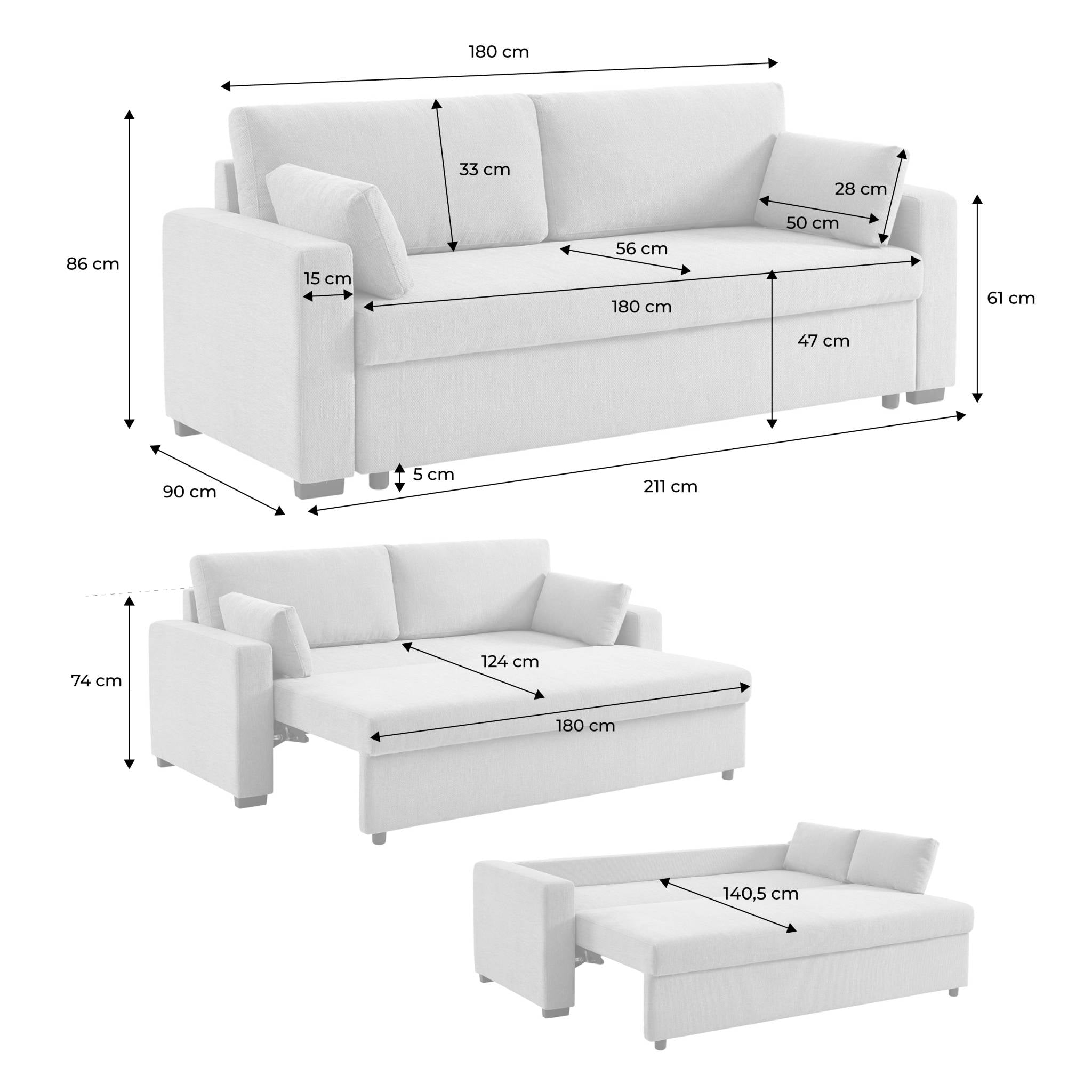 Divano letto 3 posti tessuto ciniglia, beige
