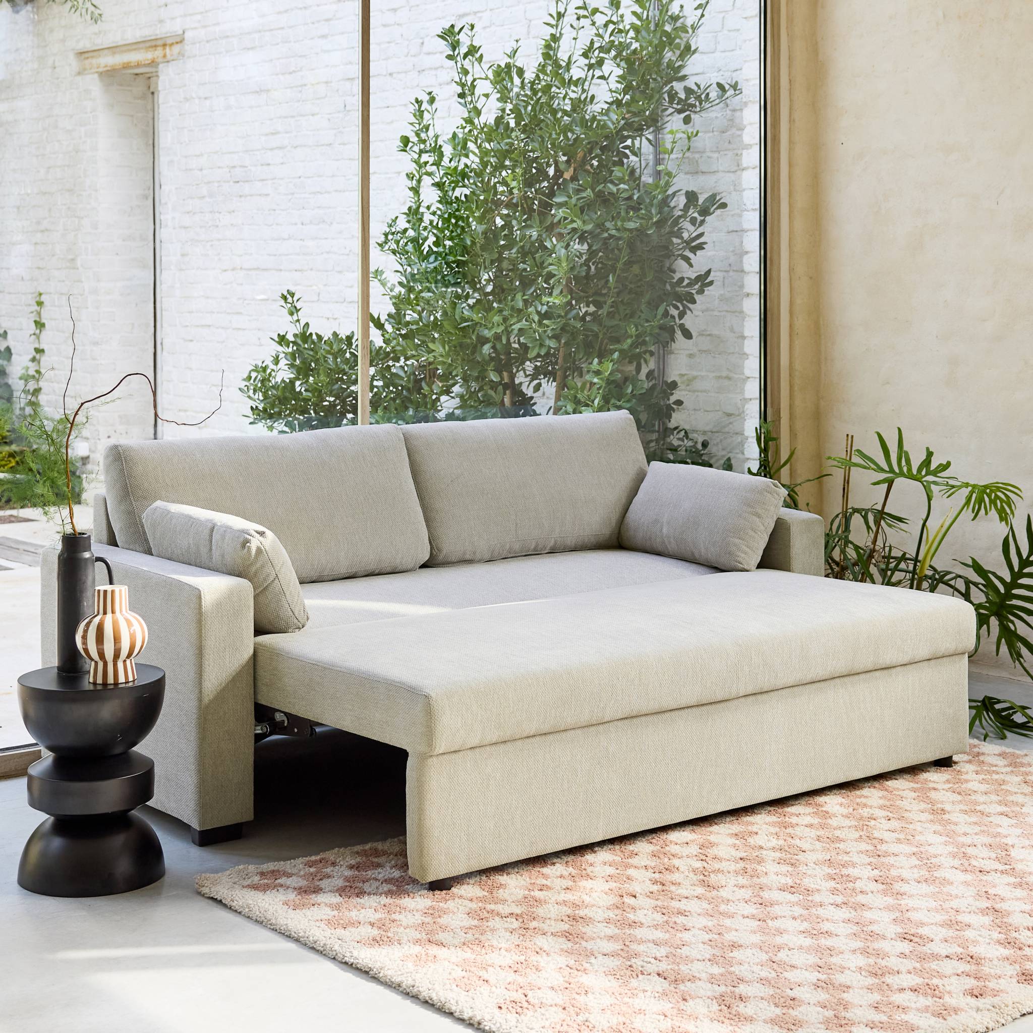 Divano letto 3 posti tessuto ciniglia, beige