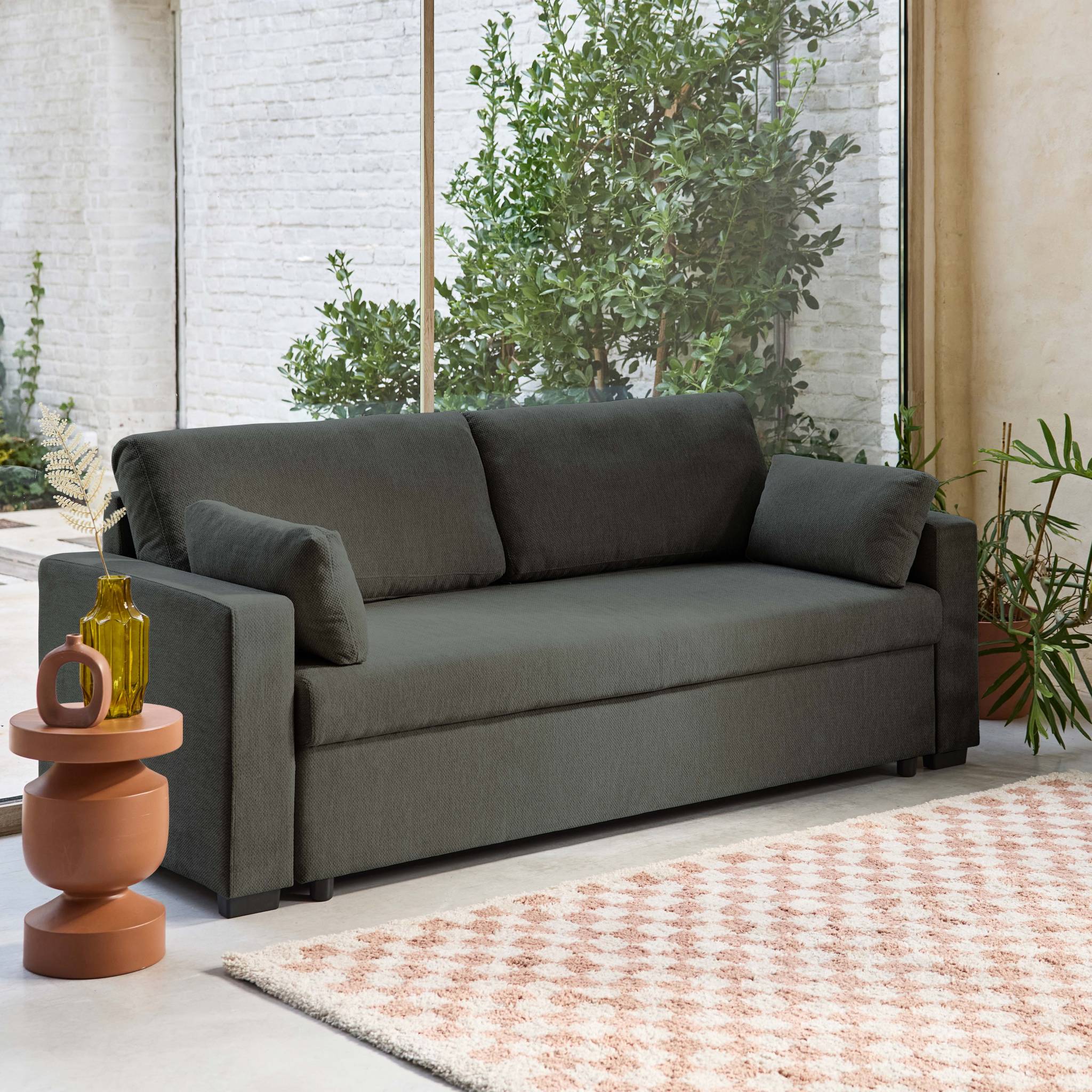 Divano letto 3 posti tessuto ciniglia, grigio scuro