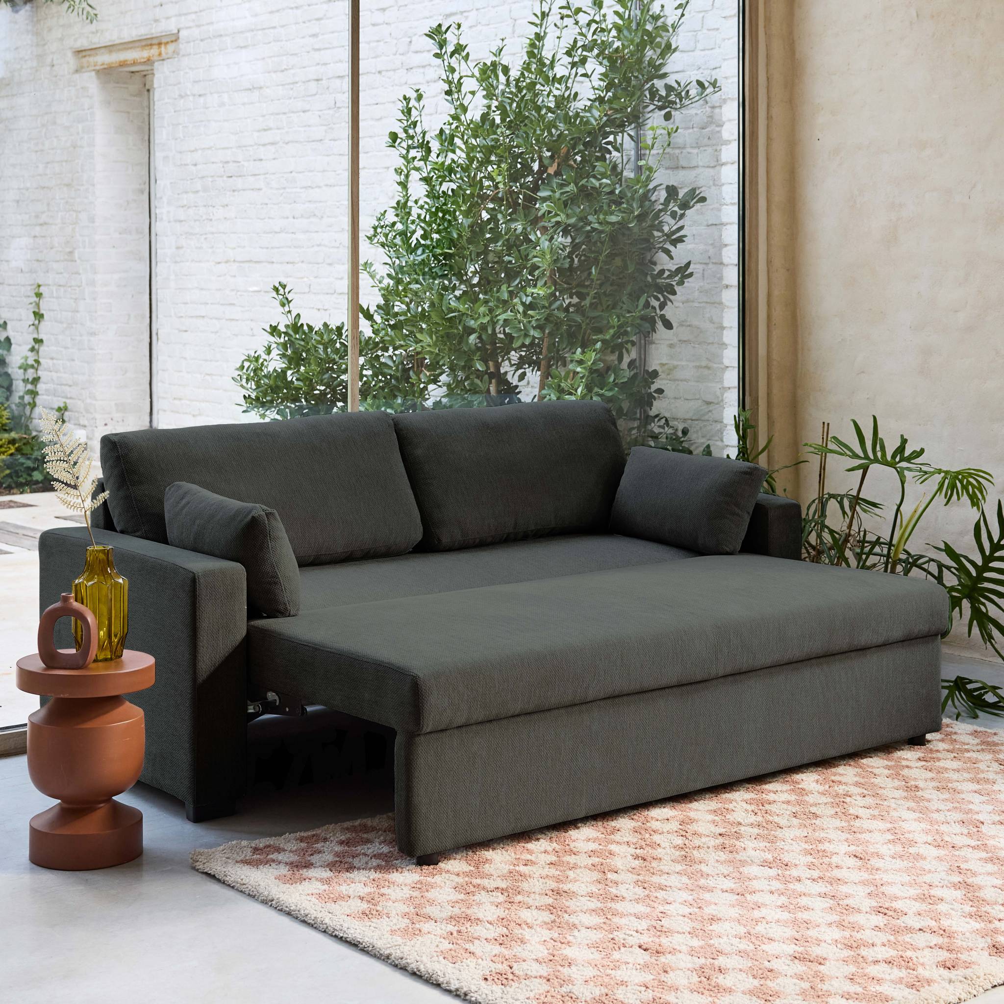 Divano letto 3 posti tessuto ciniglia, grigio scuro