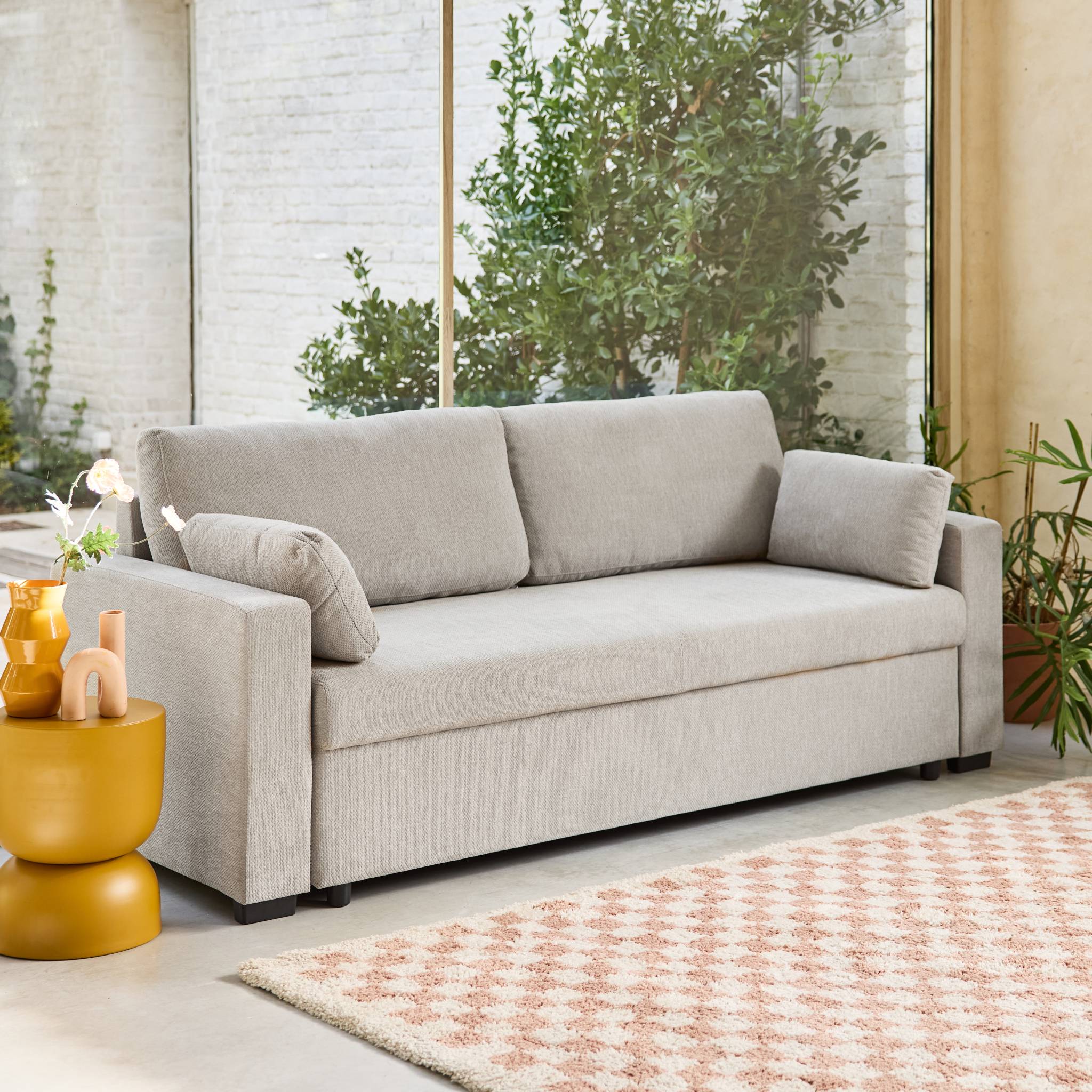 Divano letto 3 posti tessuto ciniglia, grigio chiaro