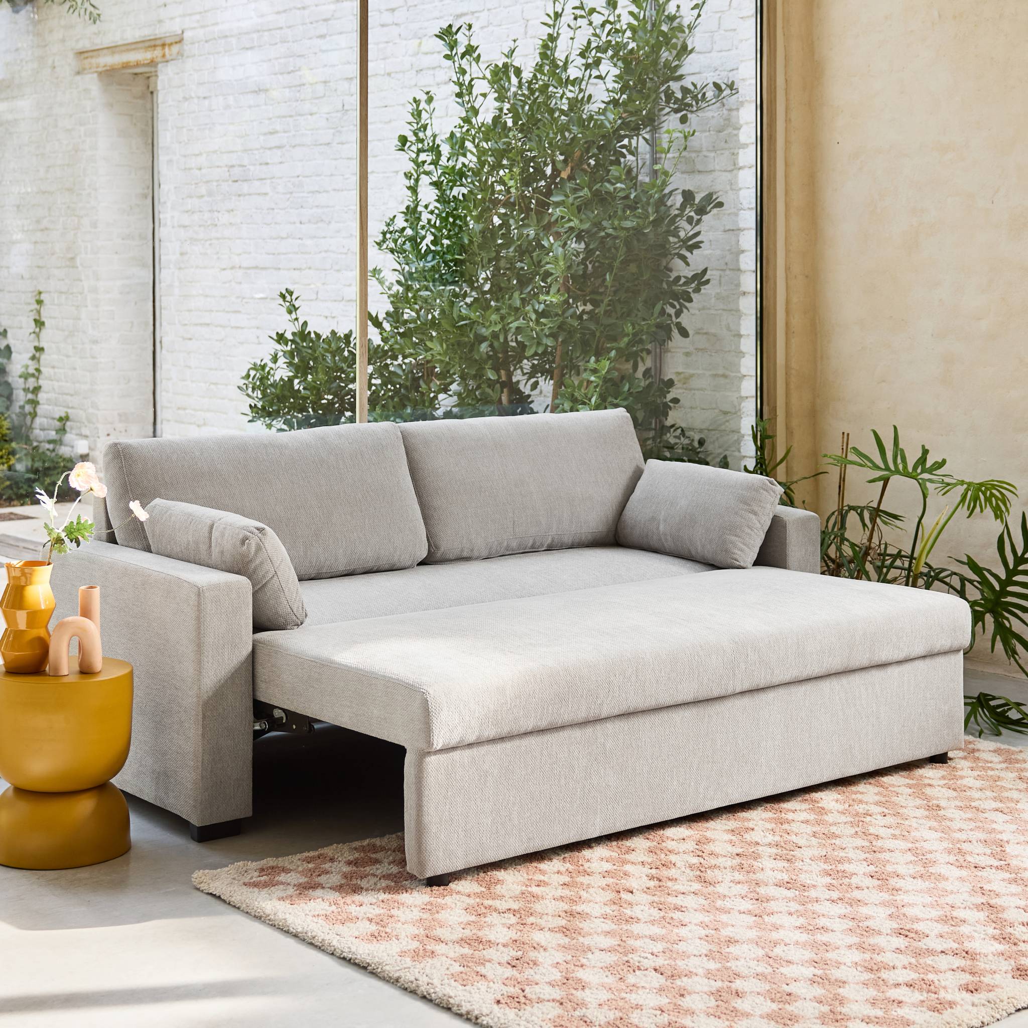 Divano letto 3 posti tessuto ciniglia, grigio chiaro