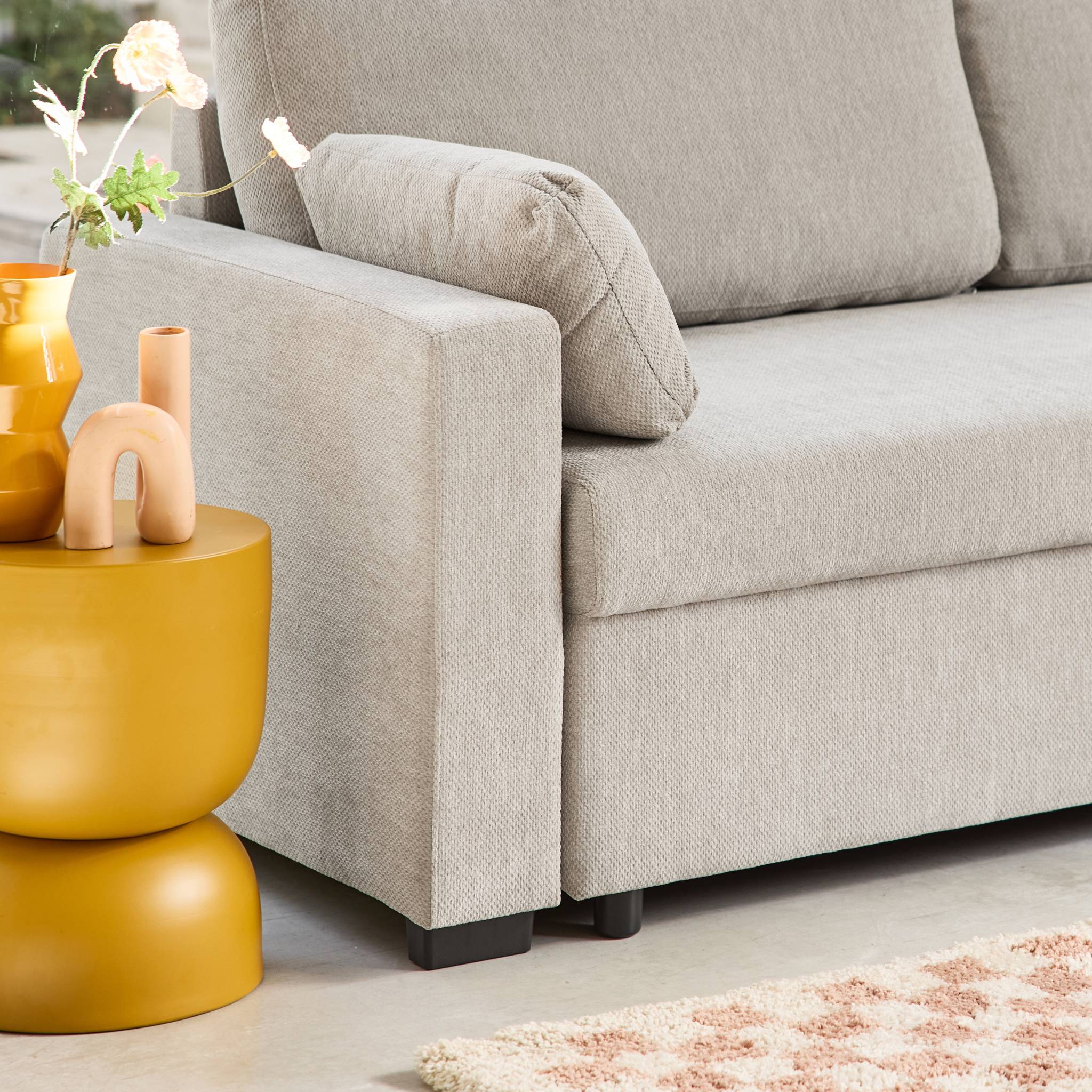 Divano letto 3 posti tessuto ciniglia, grigio chiaro