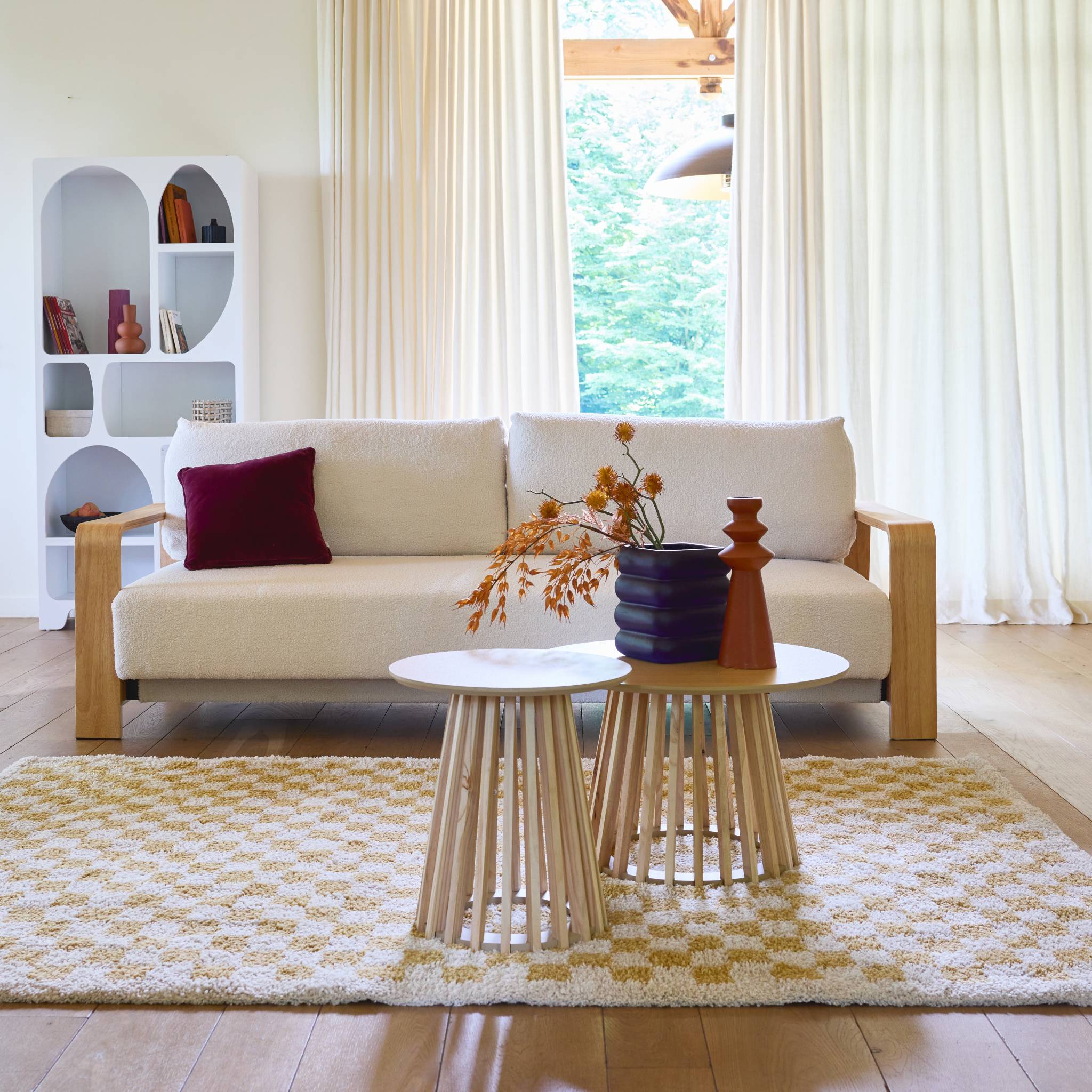 Tappeto interno a scacchiera shaggy in giallo senape e crema