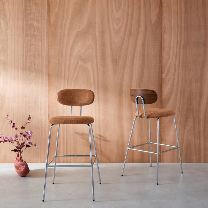 Set di 2 sgabelli da bar legno tinto noce e tessuto idrorepellente