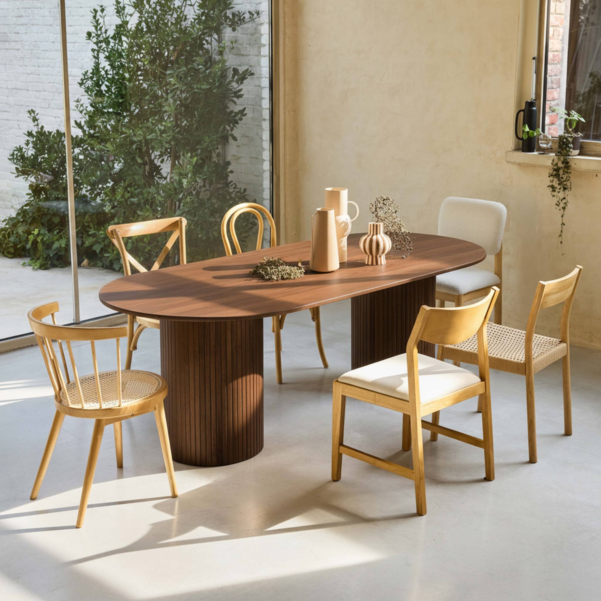 Tavolo da pranzo ovale in legno di hevea e impiallacciatura di rovere