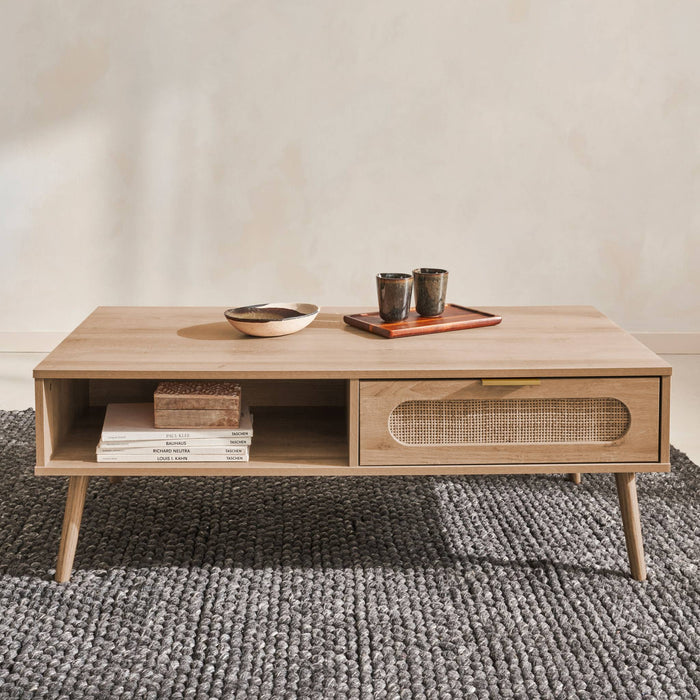 Tavolino scandinavo in canna intrecciata, 1 cassetto, marrone naturale