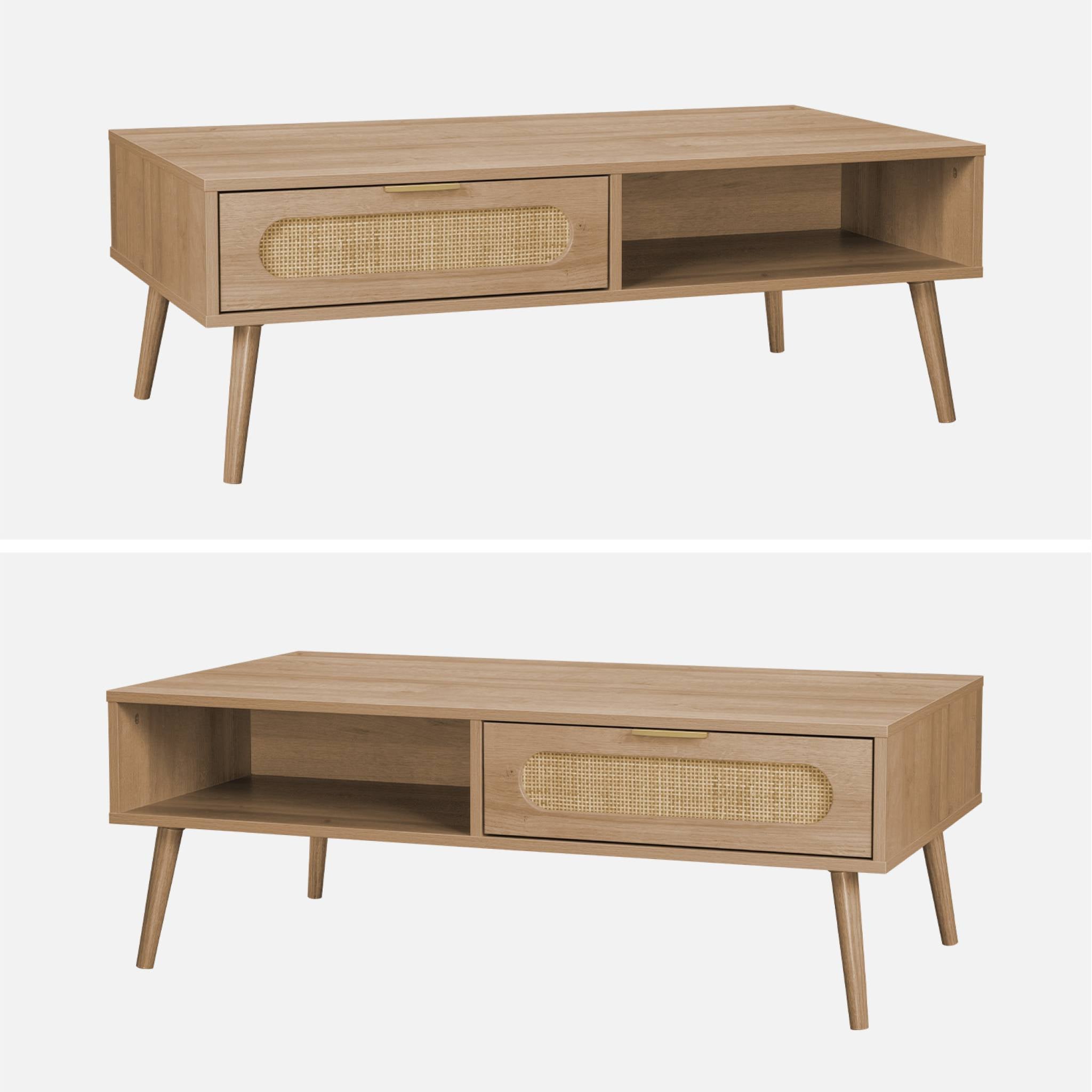 Tavolino scandinavo in canna intrecciata, 1 cassetto, marrone naturale