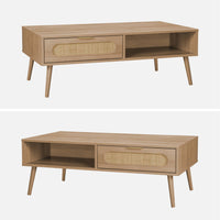 Tavolino scandinavo in canna intrecciata, 1 cassetto, marrone naturale