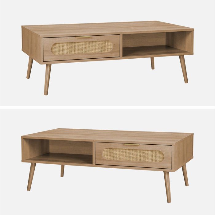 Tavolino scandinavo in canna intrecciata, 1 cassetto, marrone naturale