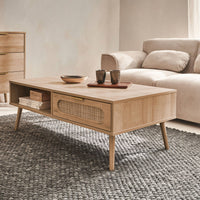 Tavolino scandinavo in canna intrecciata, 1 cassetto, marrone naturale