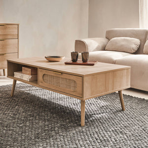 Tavolino scandinavo in canna intrecciata, 1 cassetto, marrone naturale