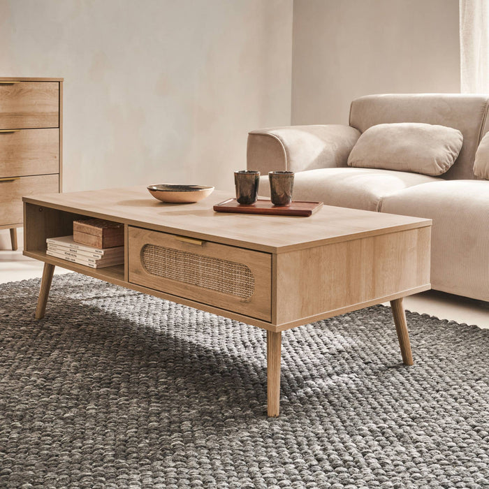 Tavolino scandinavo in canna intrecciata, 1 cassetto, marrone naturale