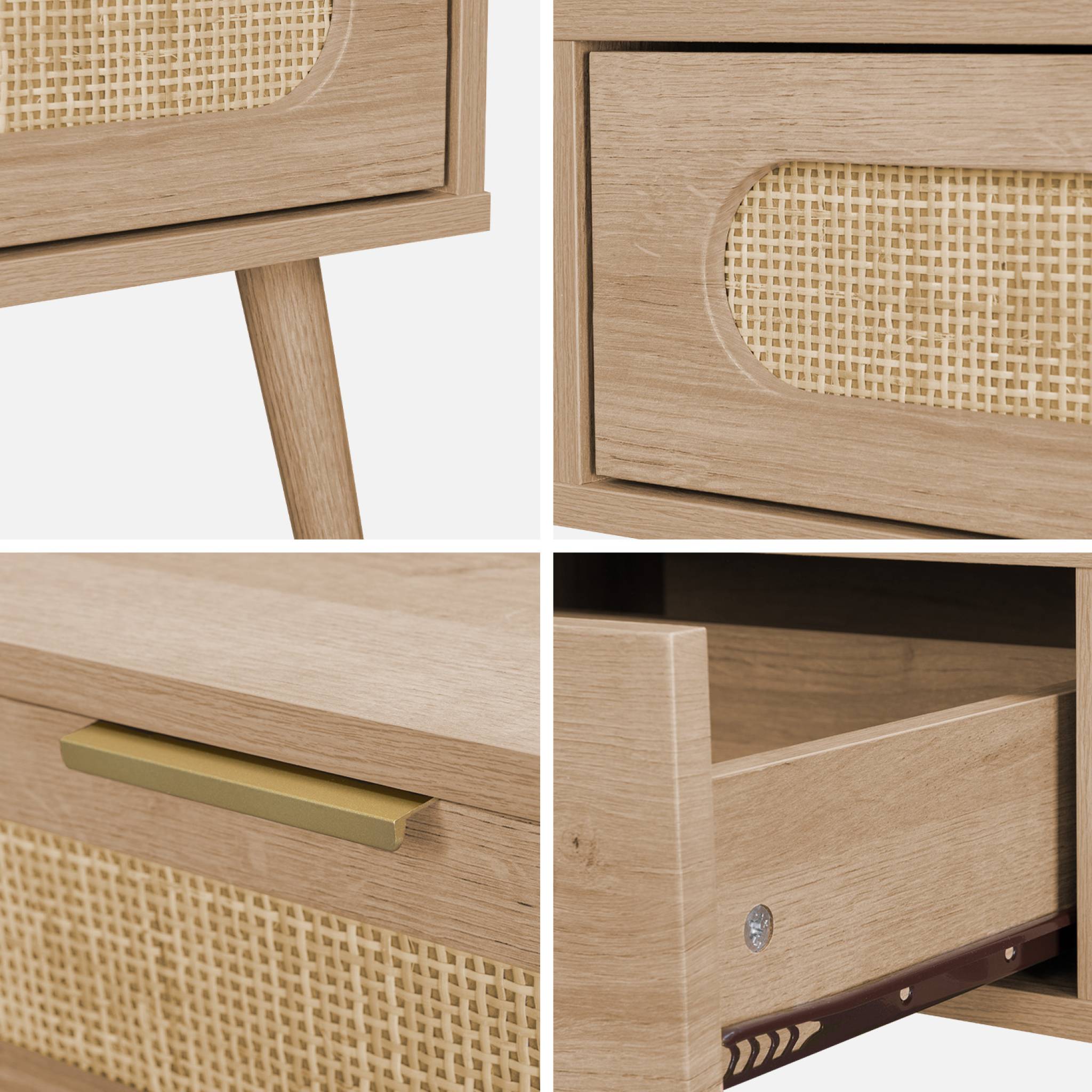 Tavolino scandinavo in canna intrecciata, 1 cassetto, marrone naturale