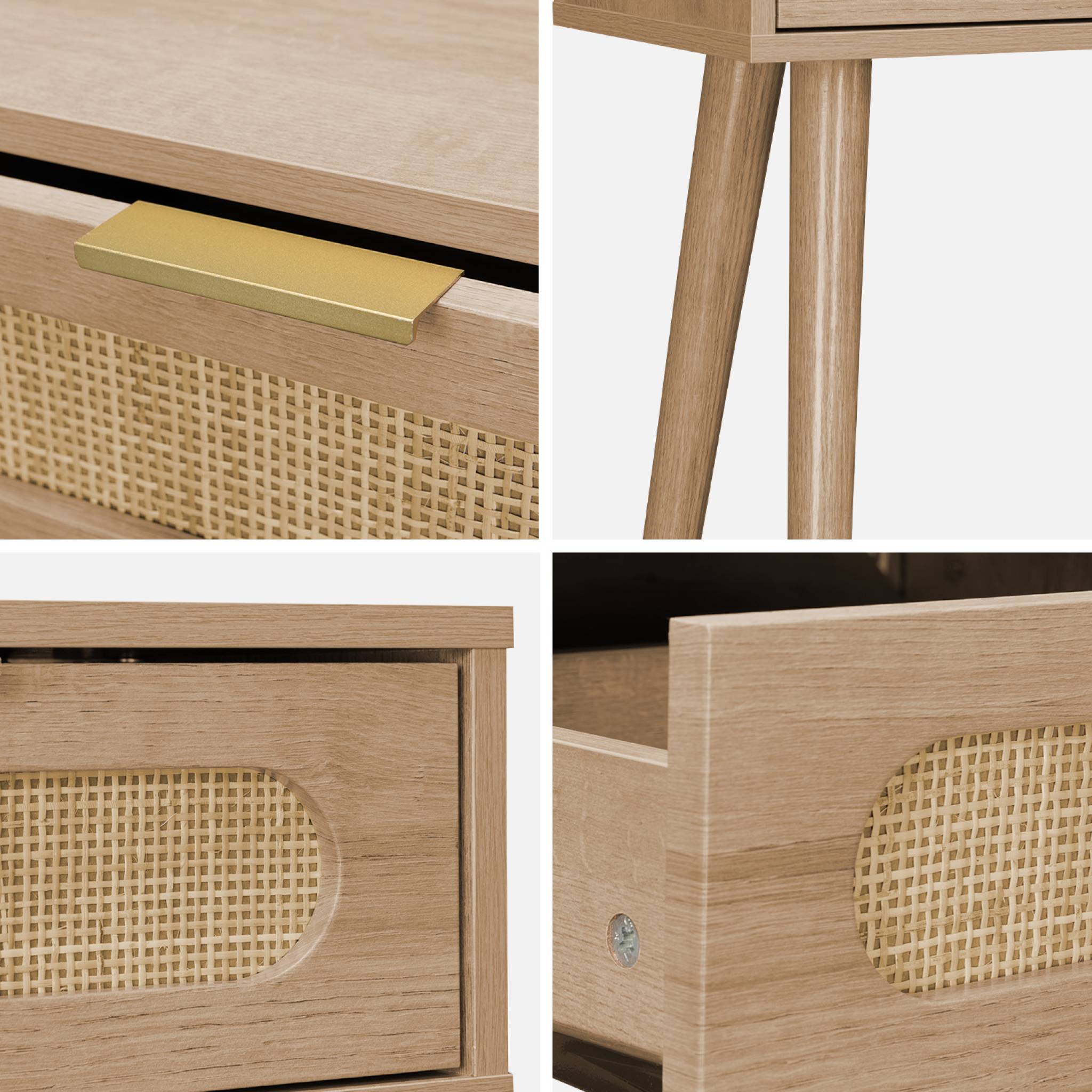 Consolle scandinava in canna e legno, 100cm, marrone naturale