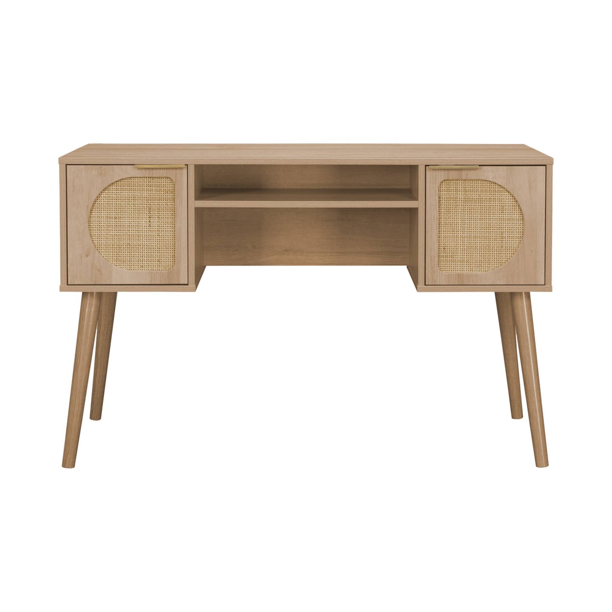 Scrivania effetto legno e cannage 2 cassetti, marrone naturale