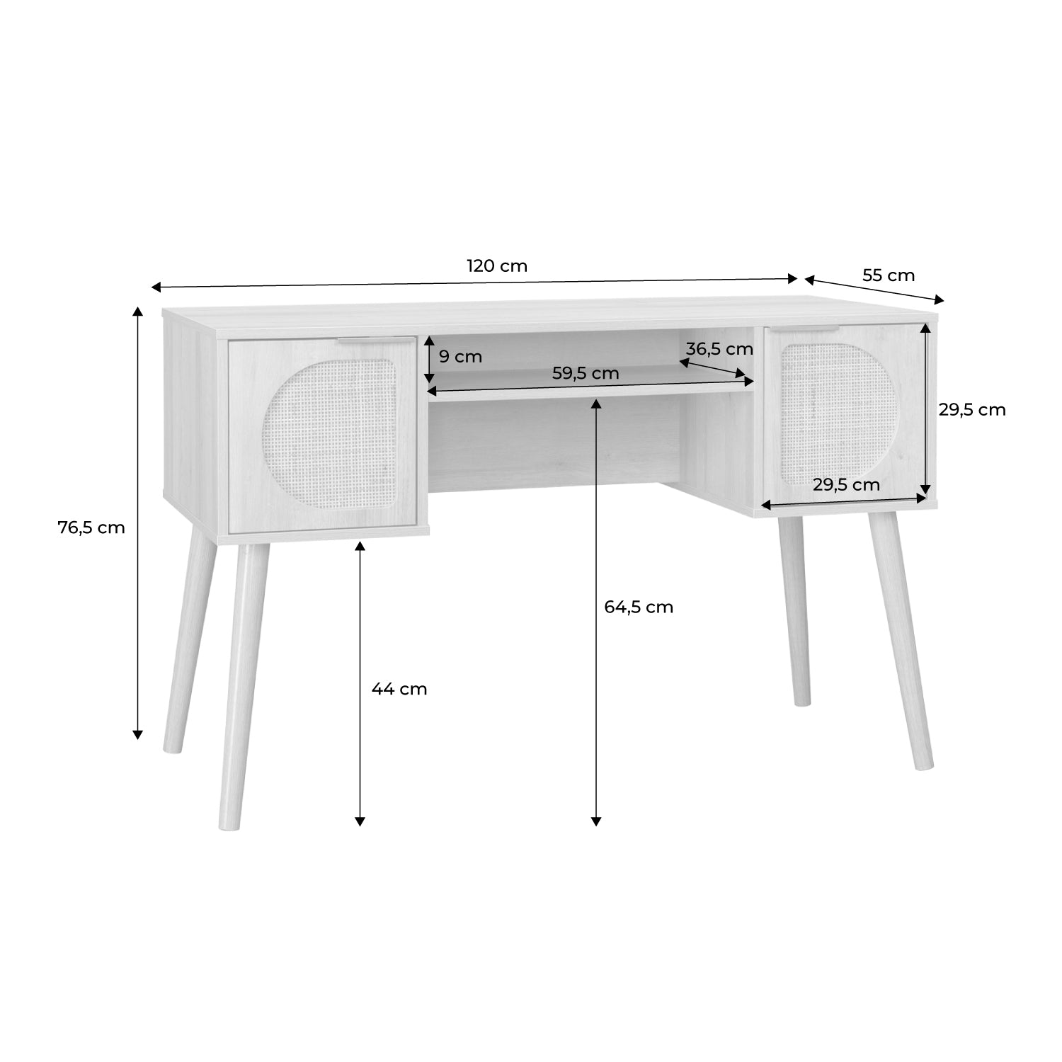 Scrivania effetto legno e cannage 2 cassetti, marrone naturale
