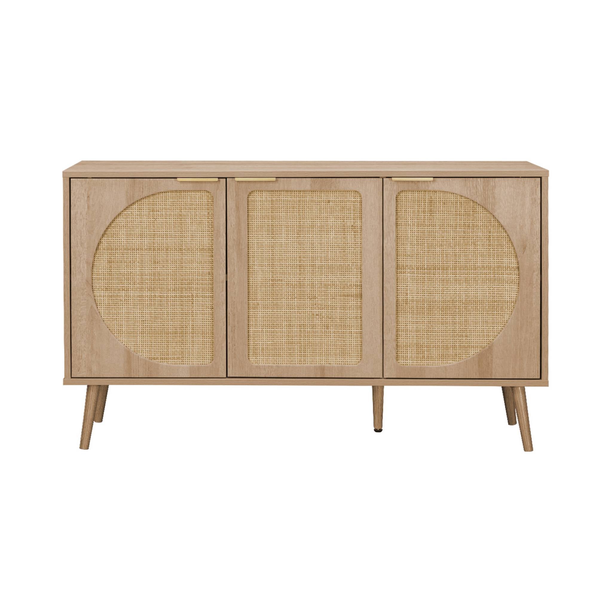 Credenza scandinava con decoro in legno e canna, 120cm, marrone