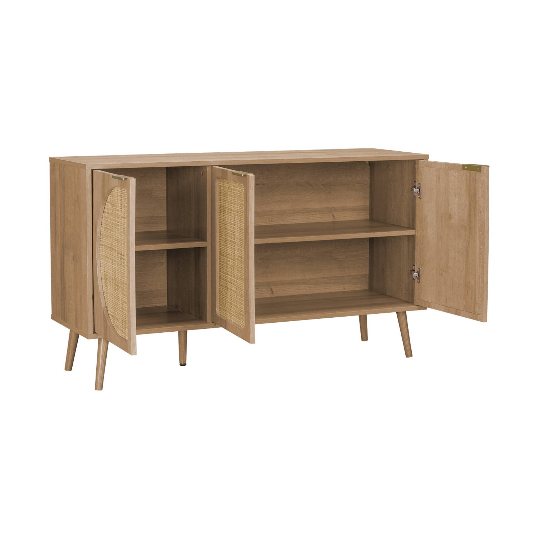 Credenza scandinava con decoro in legno e canna, 120cm, marrone