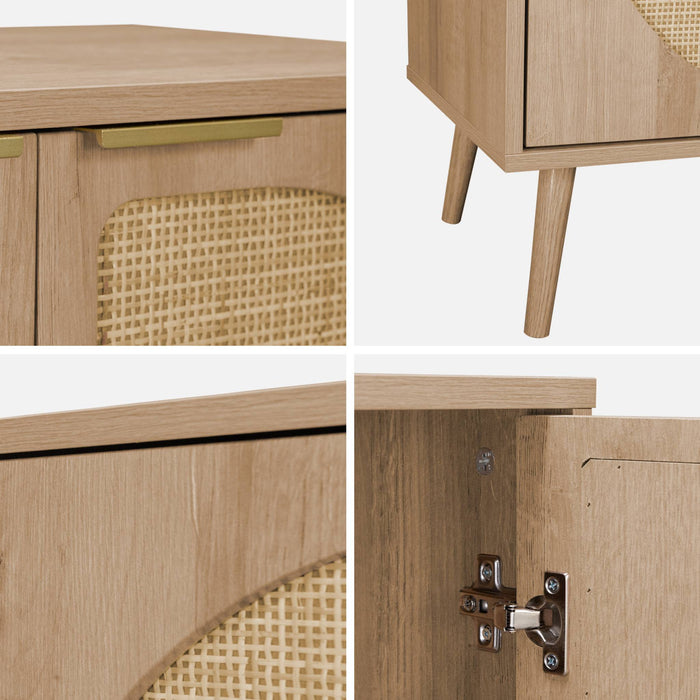 Credenza scandinava con decoro in legno e canna, 120cm, marrone