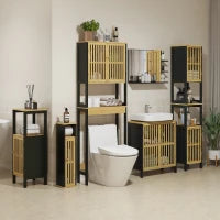 Mobile Sopra WC con Armadietto 2 Ante a Doghe e Ripiano Aperto, 60x21.5x172cm, Colore Legno