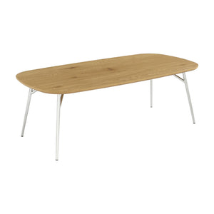 Tavolino rettangolare con gambe cromate e decorazioni in legno,