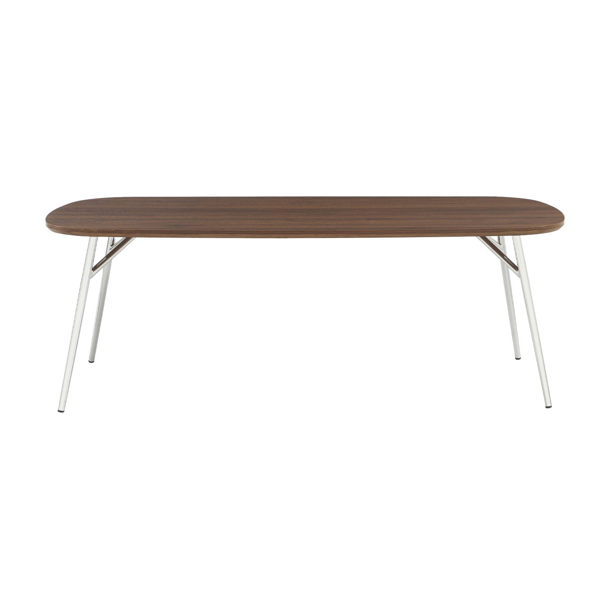 Tavolino rettangolare con gambe cromate e decorazioni in legno,