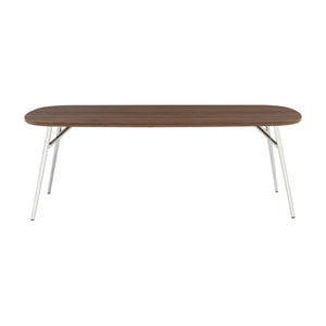 Tavolino rettangolare con gambe cromate e decorazioni in legno,