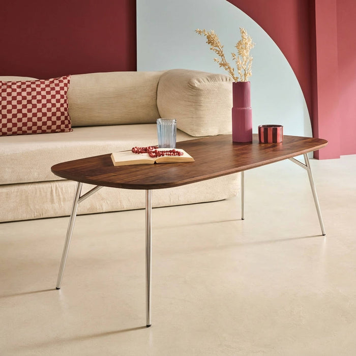 Tavolino rettangolare con gambe cromate e decorazioni in legno, noce