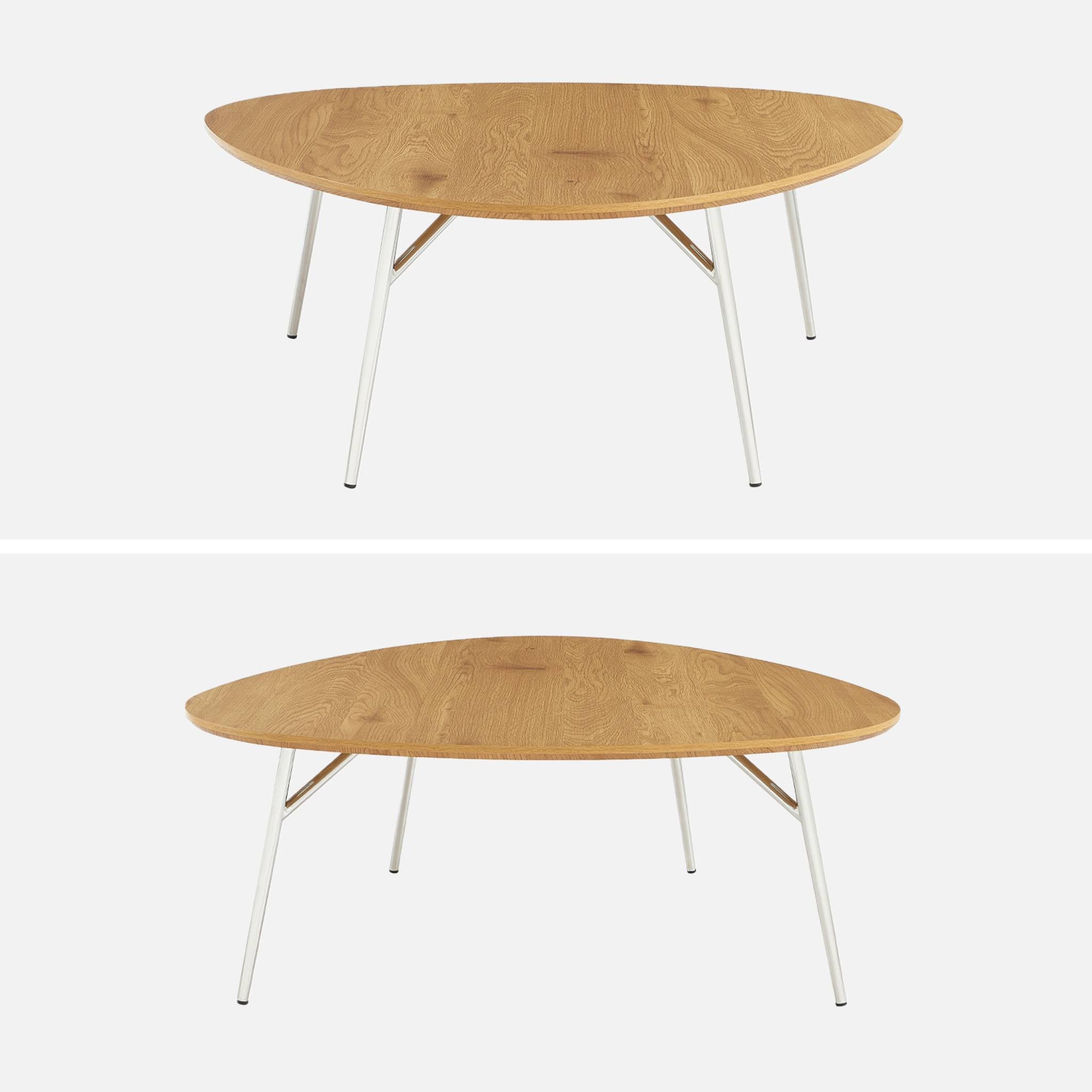 Tavolino ovale con gambe cromate e effetto legno, quercia