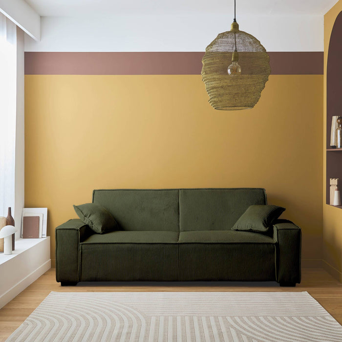 Divano letto a 3 posti in velluto a coste, kaki