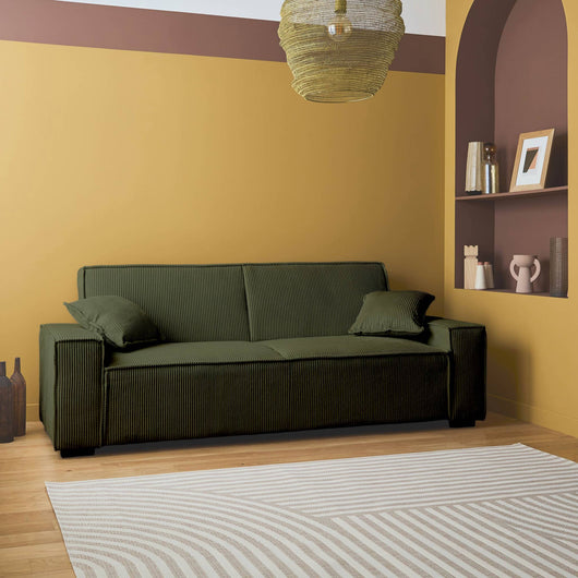 Divano letto a 3 posti in velluto a coste, kaki