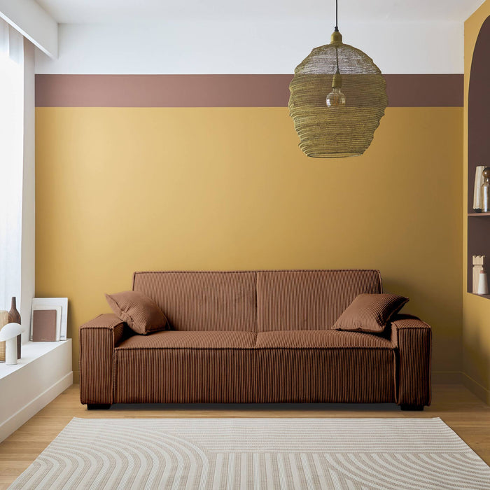 Divano letto a 3 posti in velluto a coste, camel