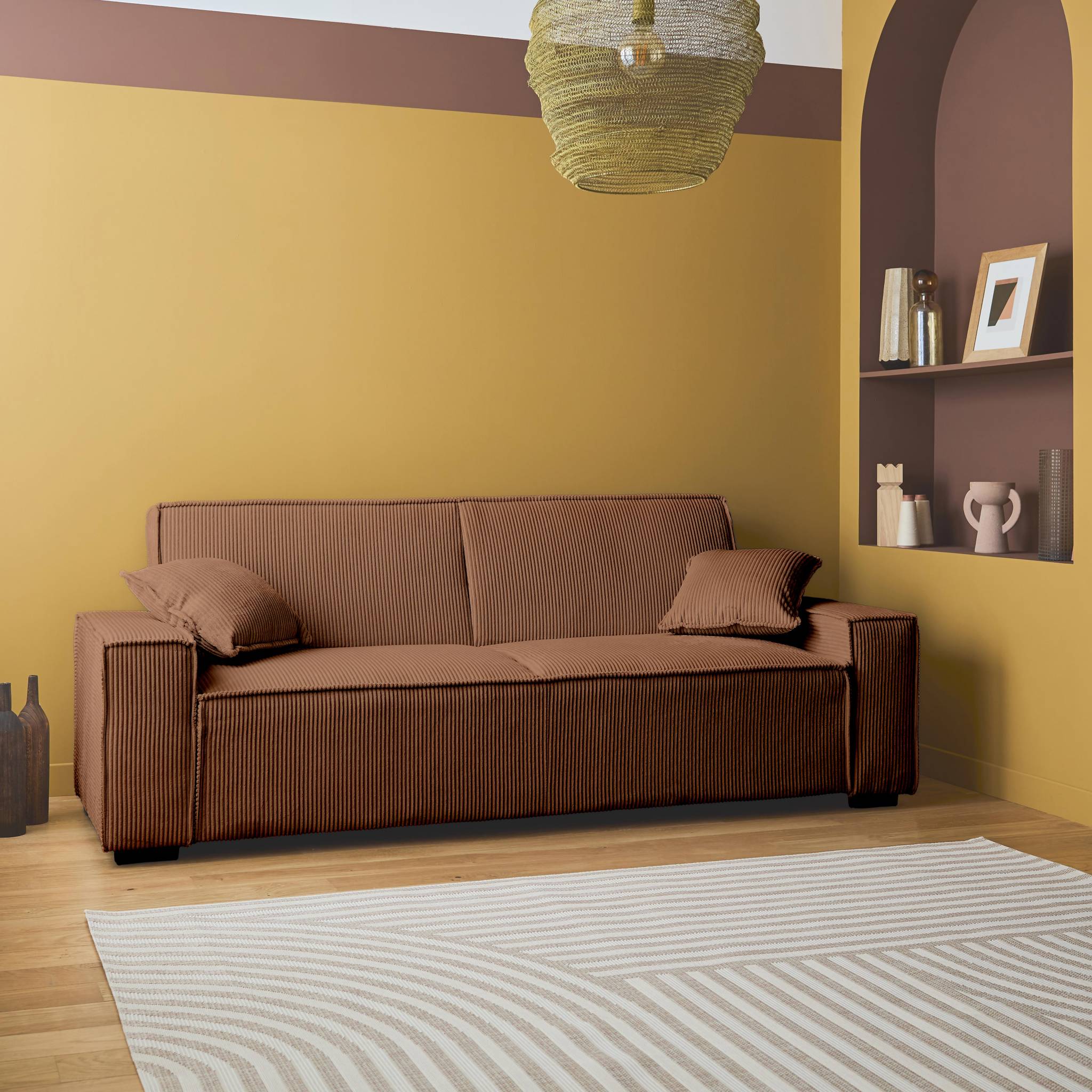 Divano letto a 3 posti in velluto a coste, camel