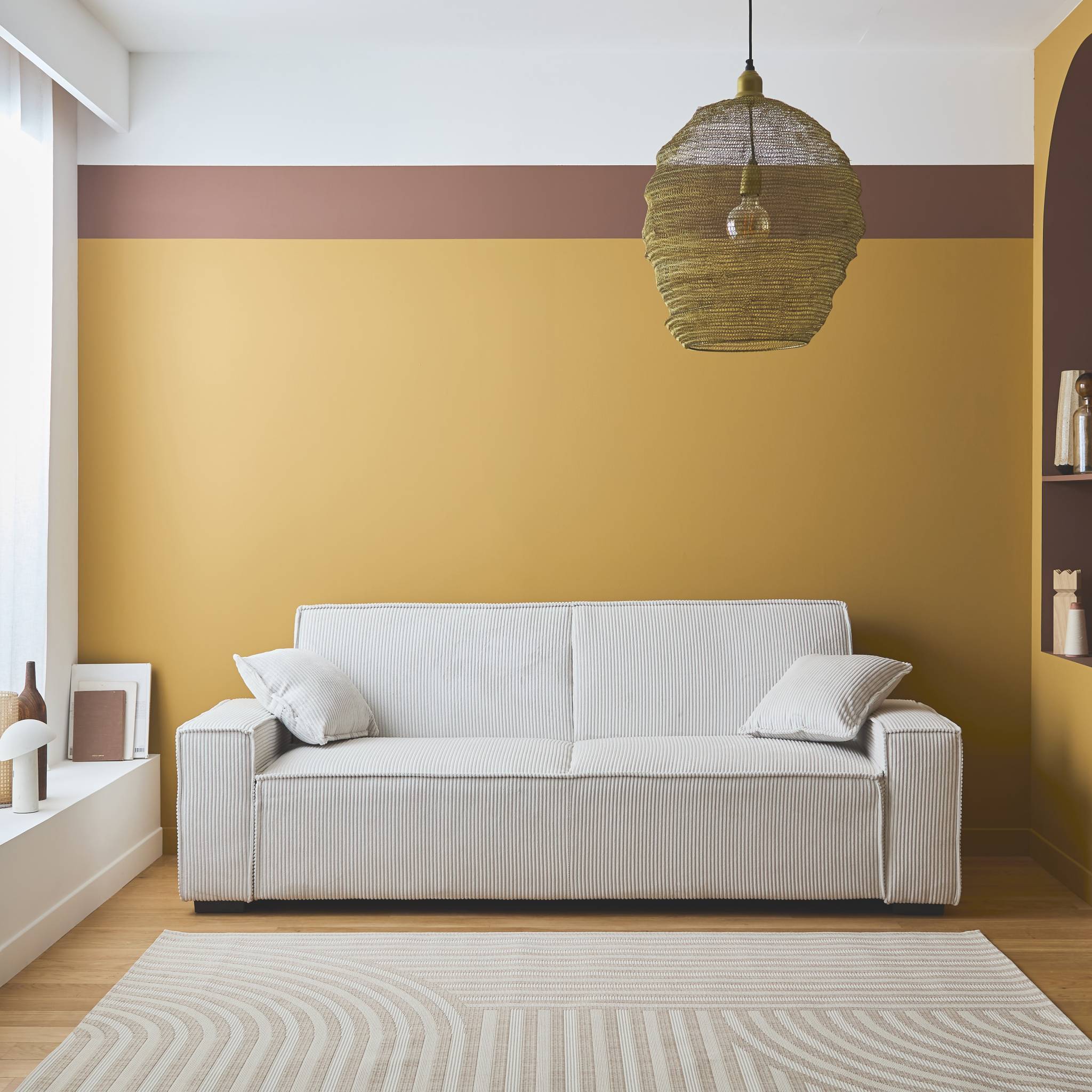 Divano letto a 3 posti in velluto a coste, crema