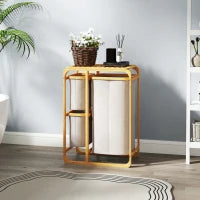 Cestino Portabiancheria in Bambù con 3 Sacchi e Ripiani in Tessuto, 50x32x69.7 cm, color Bambù e Crema