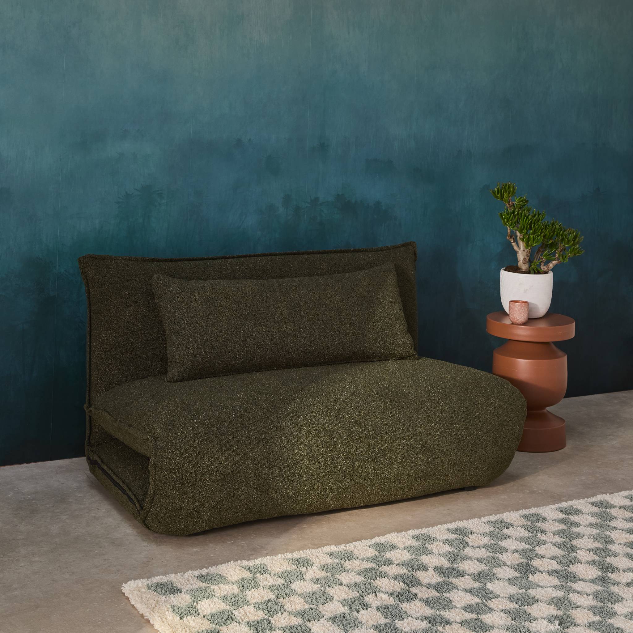 Poltrona convertibile 2 posti bouclé strutturata, verde kaki