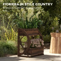 Fioriera in Legno da Esterno a 2 Livelli con 3 Vasi e Ruote di Carro Stile Country, 55x32x56cm