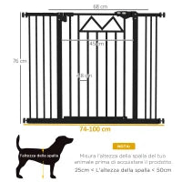 Cancelletto per Cani con 4 Viti Regolabili e Nastro Adesivo, in Metallo e Plastica, 74-100x76 cm, Nero