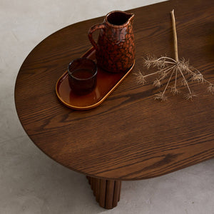 Tavolino ovale in legno di hevea placcato rovere, noce