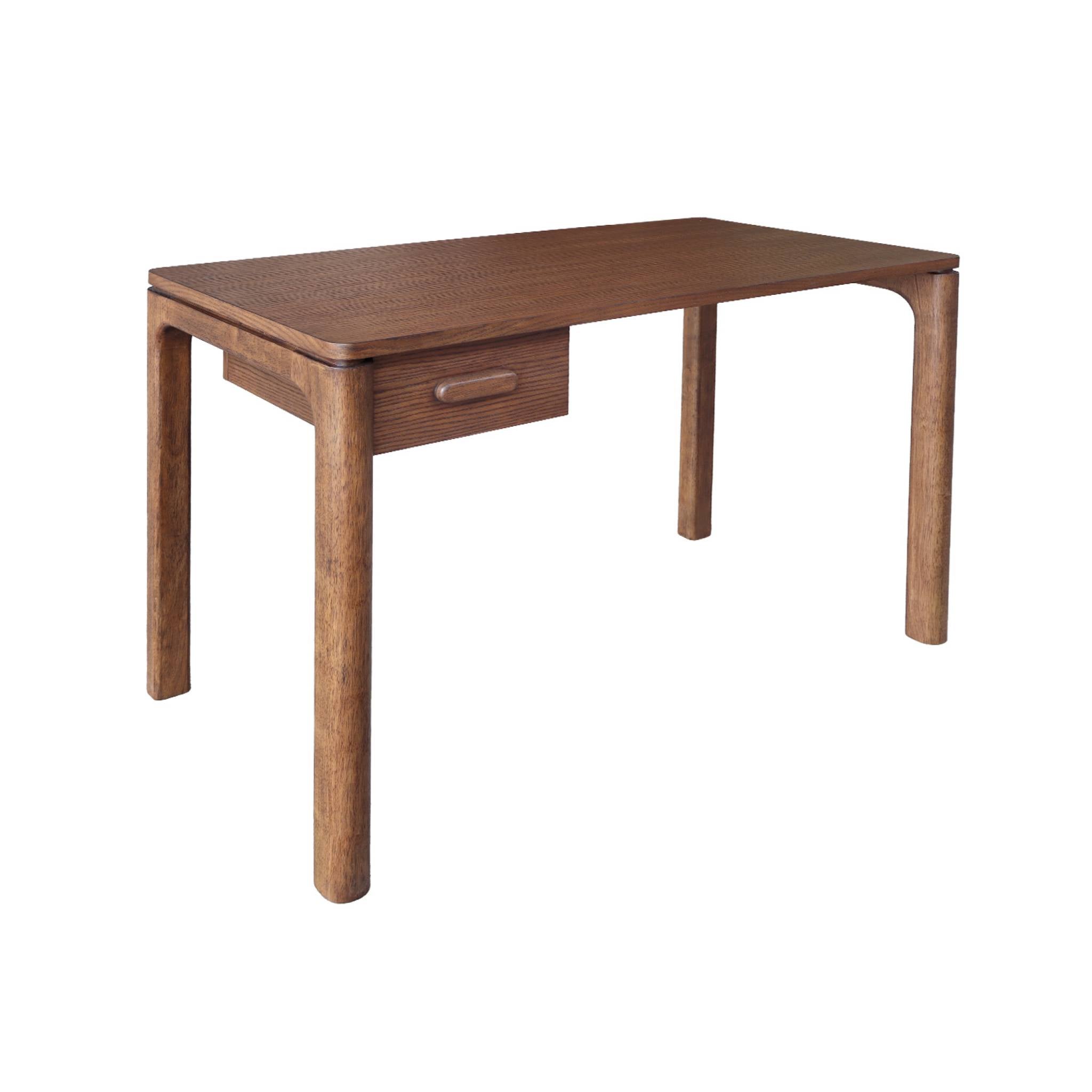 Scrivania in legno di caucciù impiallacciatura di quercia, 1 cassetto,