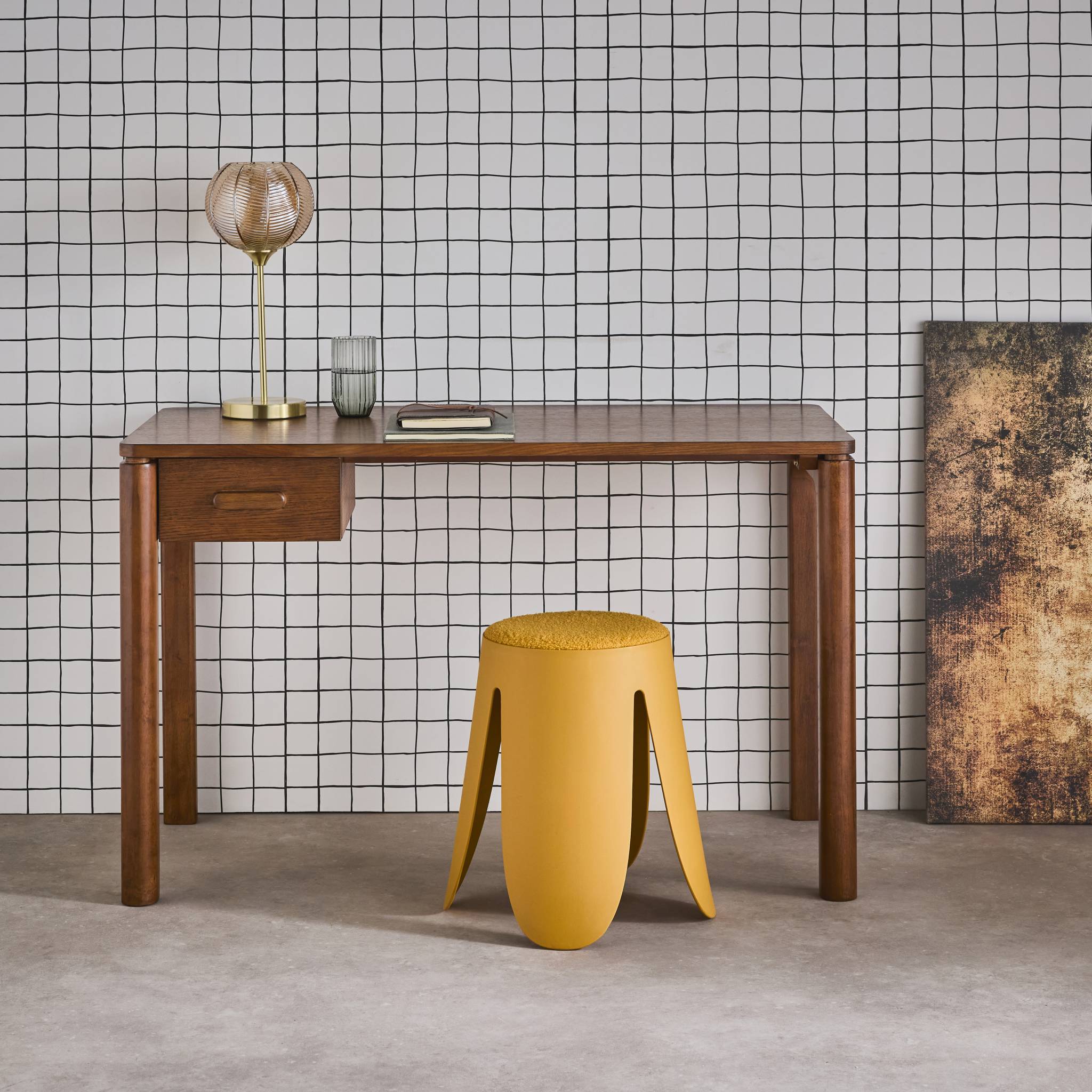 Scrivania in legno di caucciù impiallacciatura di quercia, 1 cassetto,